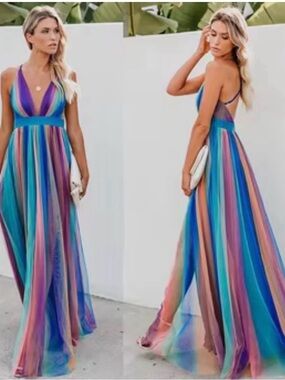 Luxxel Multi-Stripe V-Neck Maxi Dress in Teal, Purple & Coral